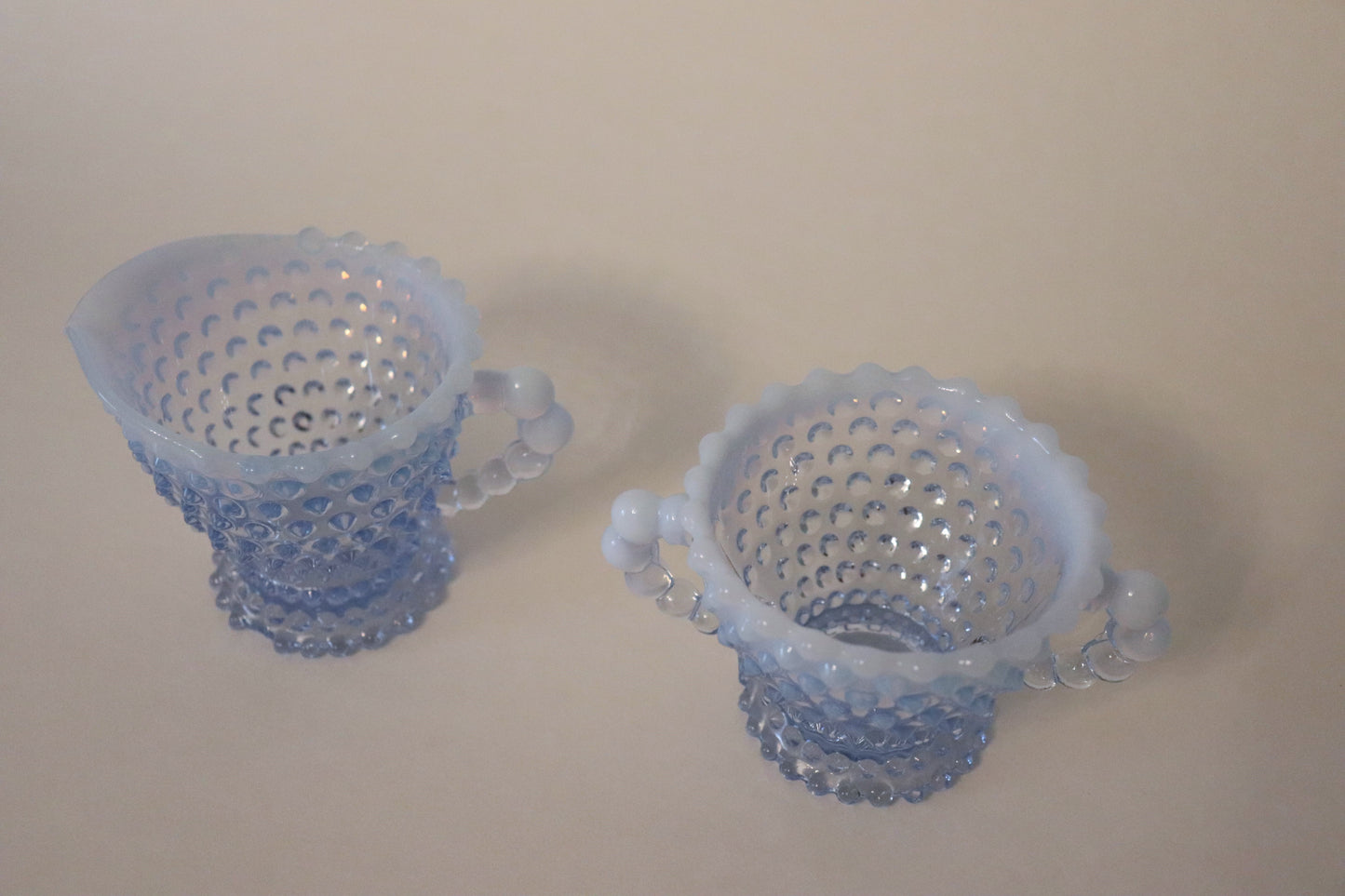 Vintage Hobnail Duncan & Miller Blue Opalescent Sugar and Creamer