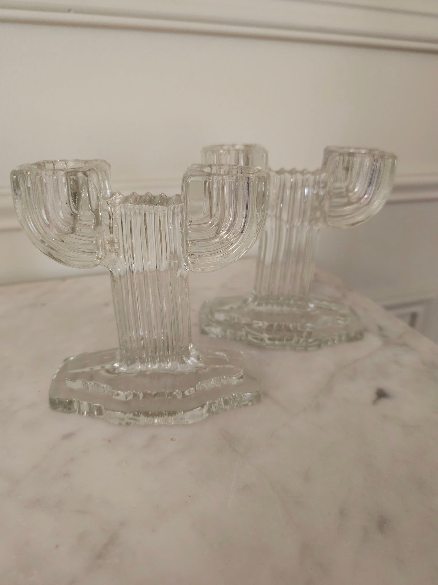 Pair of Vintage Anchor Hocking Double Arm Glass Candle Holders