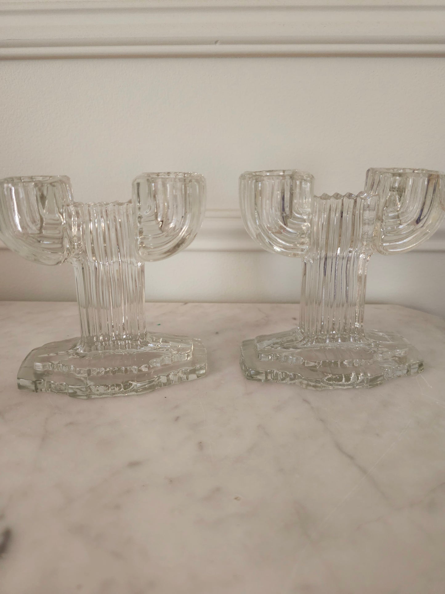 Pair of Vintage Anchor Hocking Double Arm Glass Candle Holders