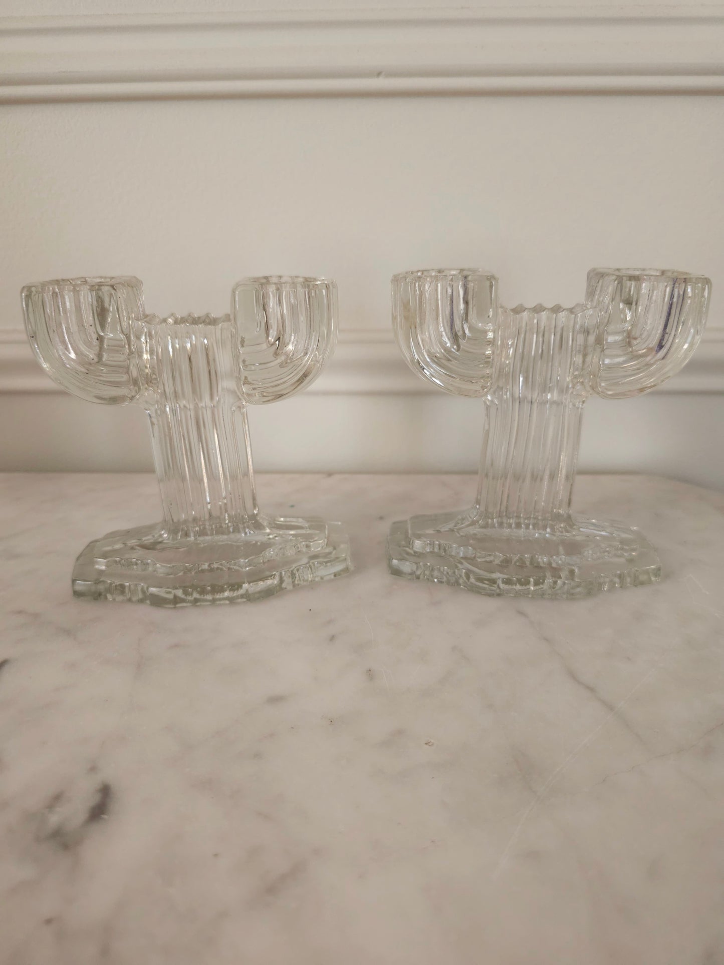 Pair of Vintage Anchor Hocking Double Arm Glass Candle Holders