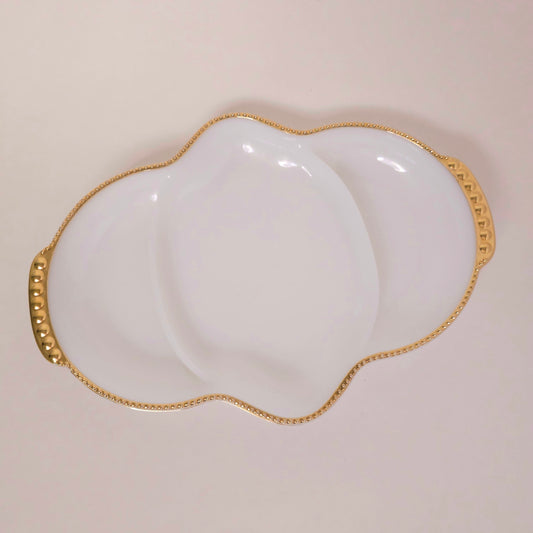 Vintage Fire King Milk Glass Divided Serving Dish Gold Trim