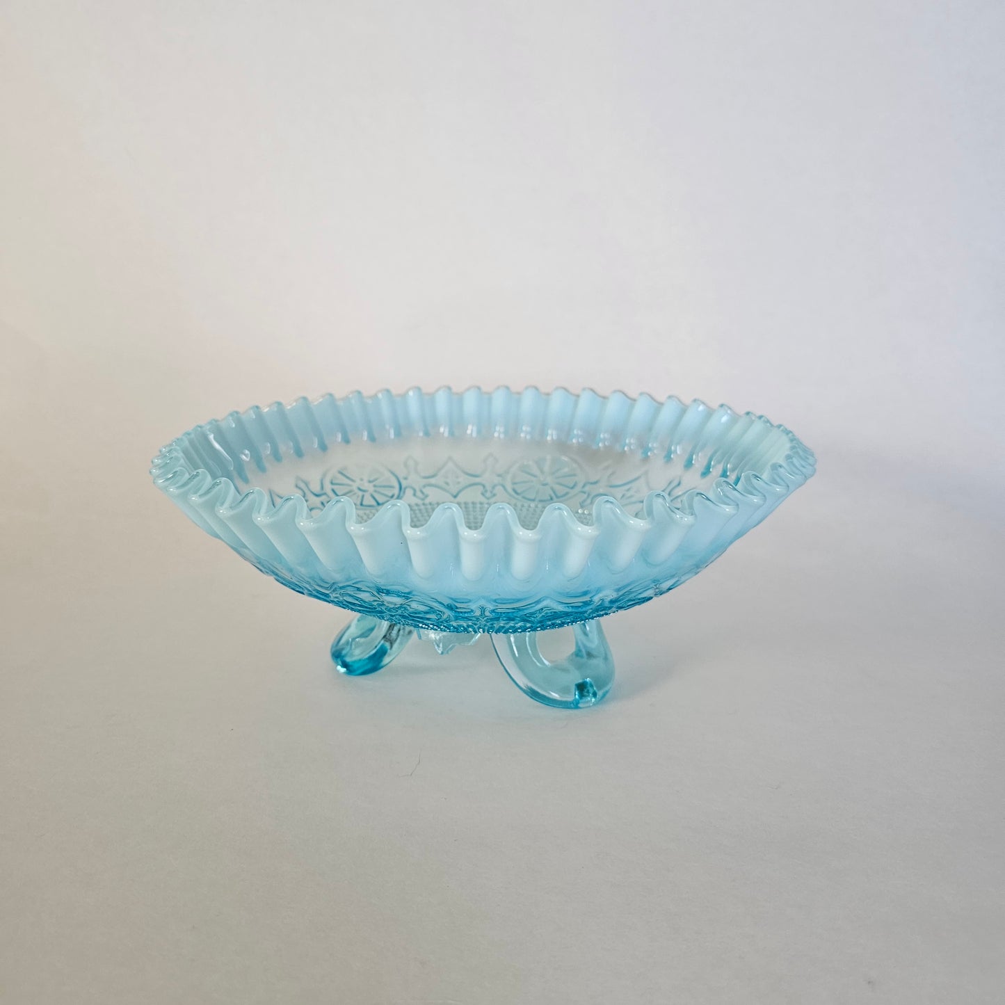 Vintage Blue Opalescent Jefferson Wheel And Gate Footed Glass Bowl