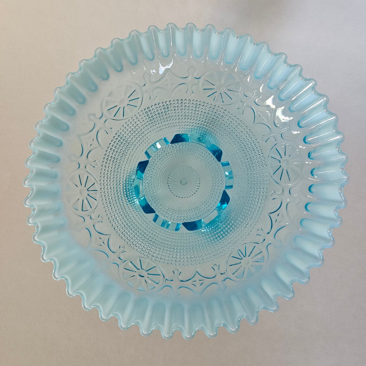 Vintage Blue Opalescent Jefferson Wheel And Gate Footed Glass Bowl