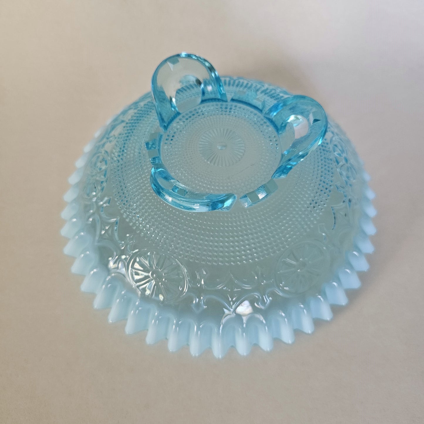 Vintage Blue Opalescent Jefferson Wheel And Gate Footed Glass Bowl