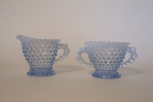 Vintage Hobnail Duncan & Miller Blue Opalescent Sugar and Creamer