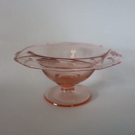 Vintage Pink Etched Depression Glass Rolled Rim Pedestal Dish
