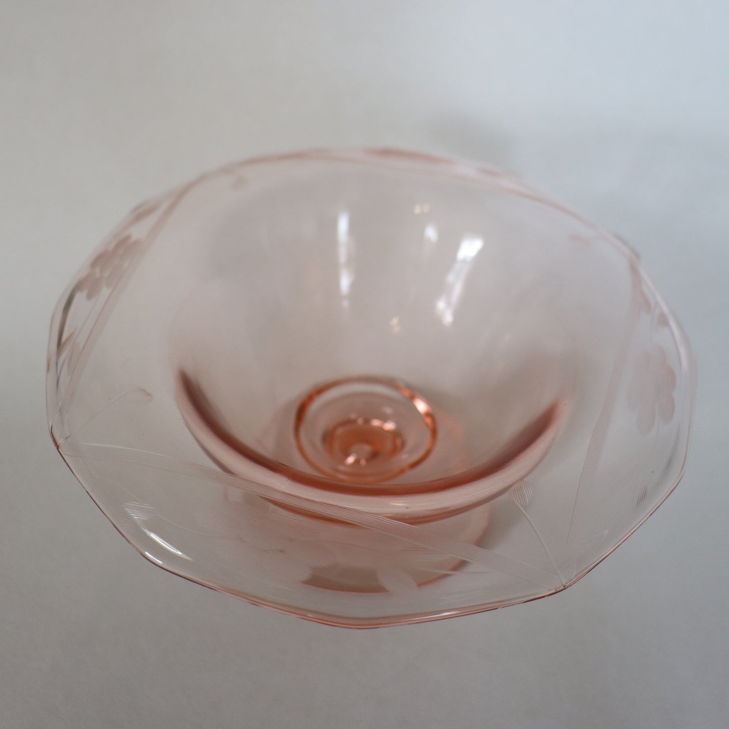 Vintage Pink Etched Depression Glass Rolled Rim Pedestal Dish